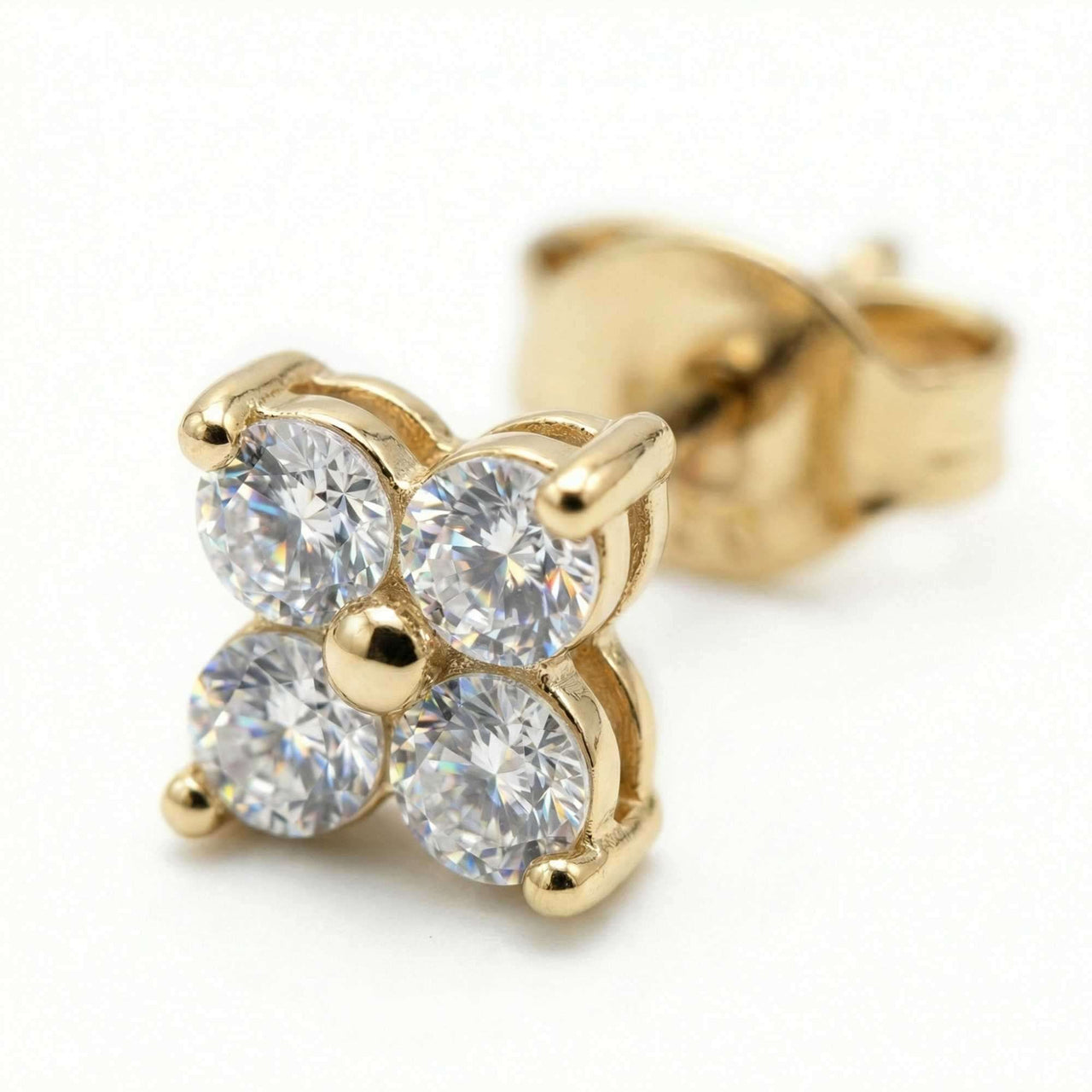Crystal Flower Stud Earrings by Brother & Sisters featuring four brilliant-cut zirconia stones in a gold setting.