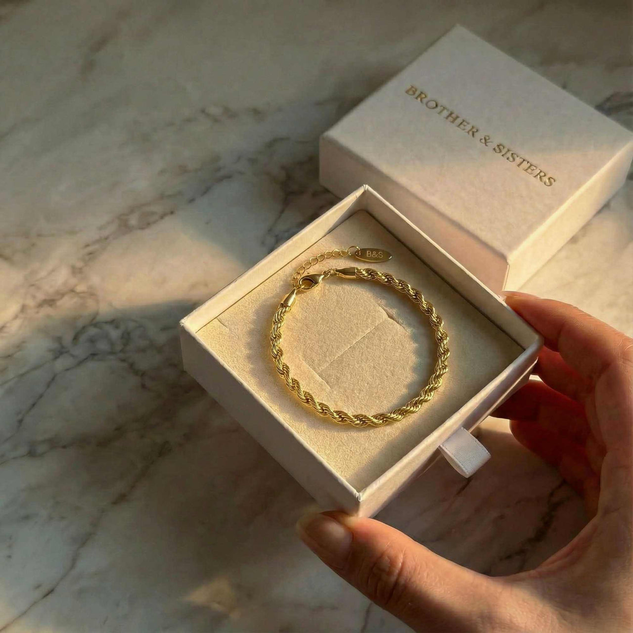 Calvi Rope Chain Bracelet in a gift box by Brother & Sisters, featuring twisted links and premium gold finish.