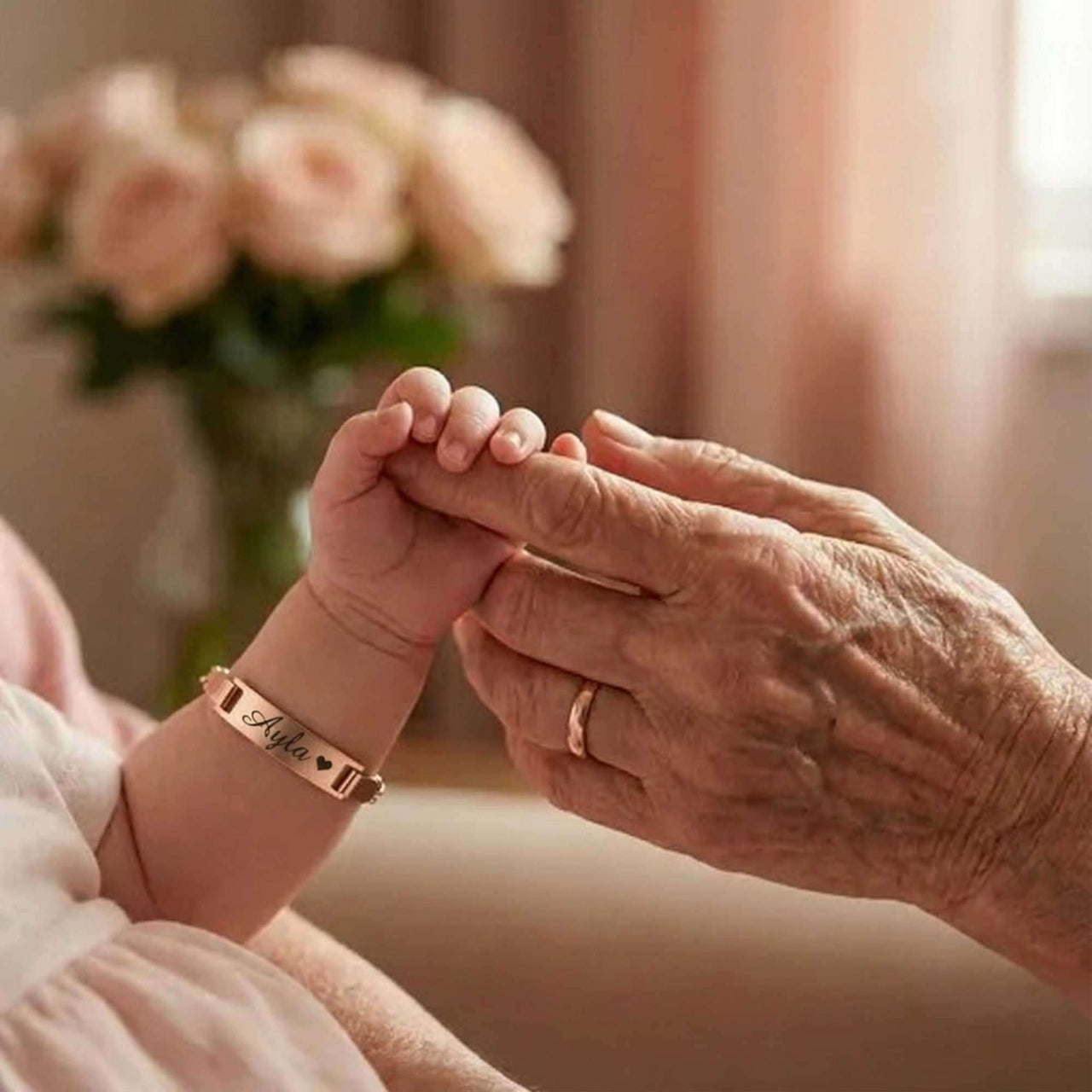 Infant Bracelet featuring personalized name, capturing the bond between generations, by Brother & Sisters.