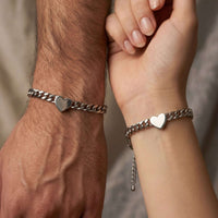 Thumbnail for Love Couple Bracelet featuring polished heart on Cuban link chains by Brother & Sisters, symbolizing connection.