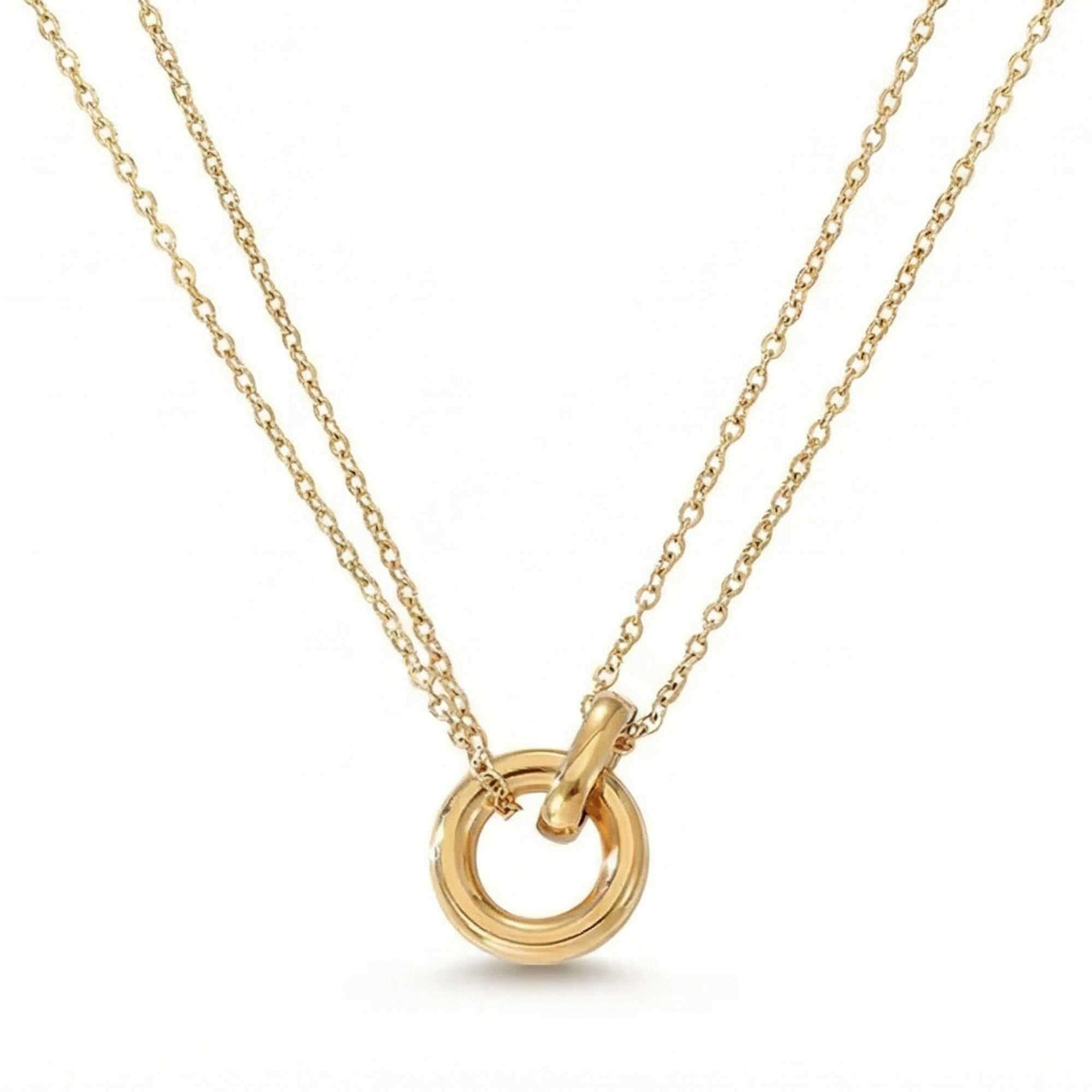 The Eternal Link double-layer necklace by Brother & Sisters with interlocking circle pendant and gold chains.