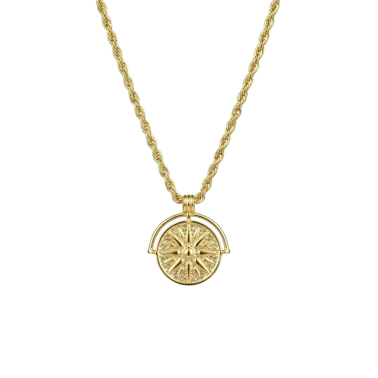 Golden Sun Necklace by Brother & Sisters, featuring a textured sun medallion pendant on a rope chain.