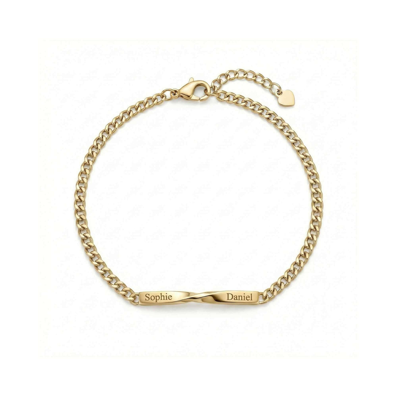 Infinity Bond Matching Bracelet featuring twisted bar with names Sophie and Daniel, by Brother & Sisters.