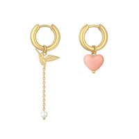 Thumbnail for Celeste Charm Hoops, asymmetric gold earrings with hummingbird and pink heart, by Brother & Sisters.