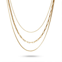 Thumbnail for Saona Triple Layer Necklace by Brother & Sisters featuring three gold chains at different lengths.