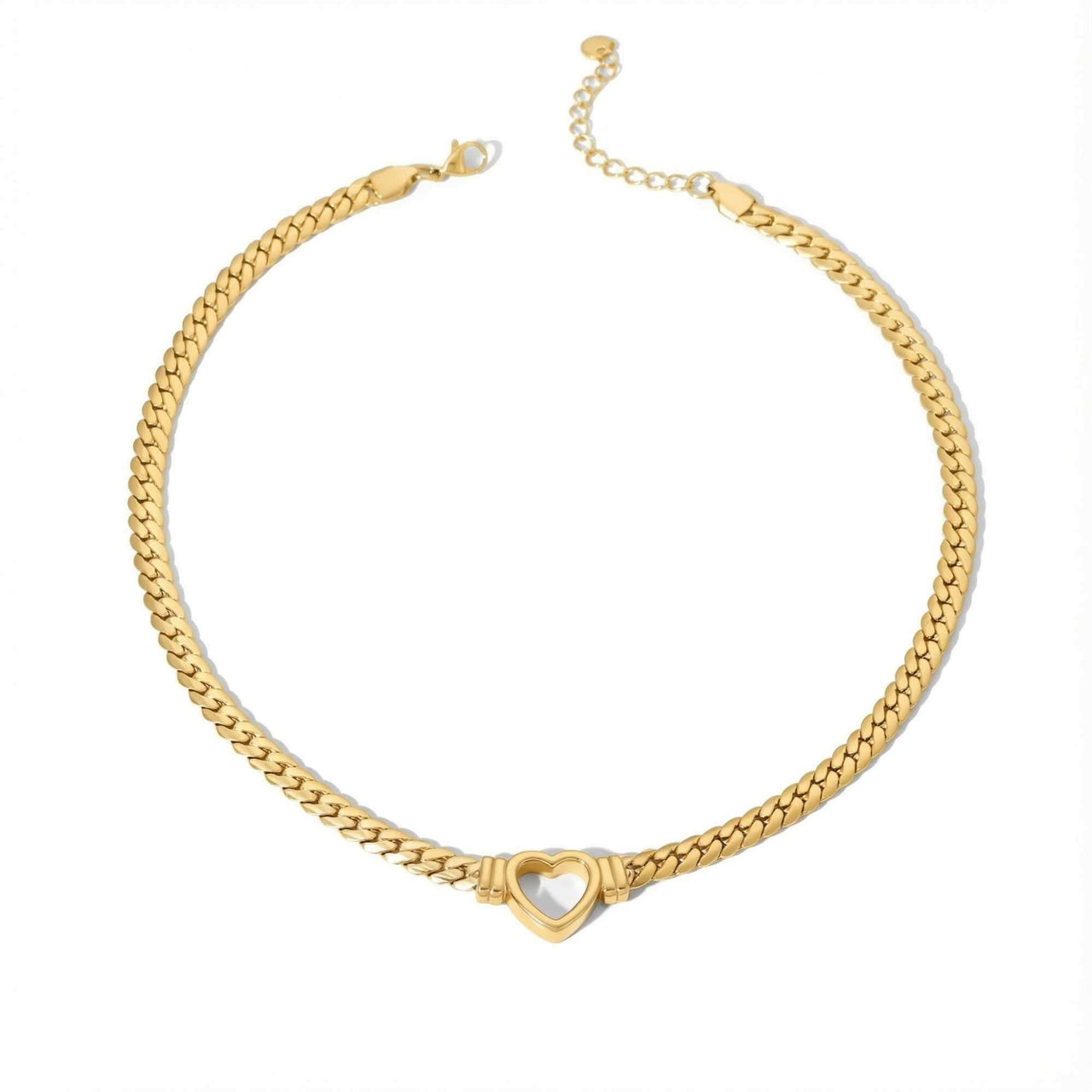 Vali Heart Choker Necklace by Brother & Sisters, chunky Cuban chain with delicate heart charm in gold.