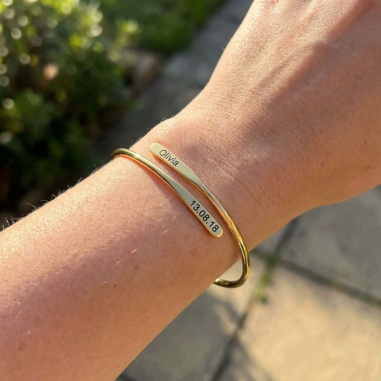 Wrap Couple Bracelet with custom engraving, featuring names and dates for couples, by Brother & Sisters.