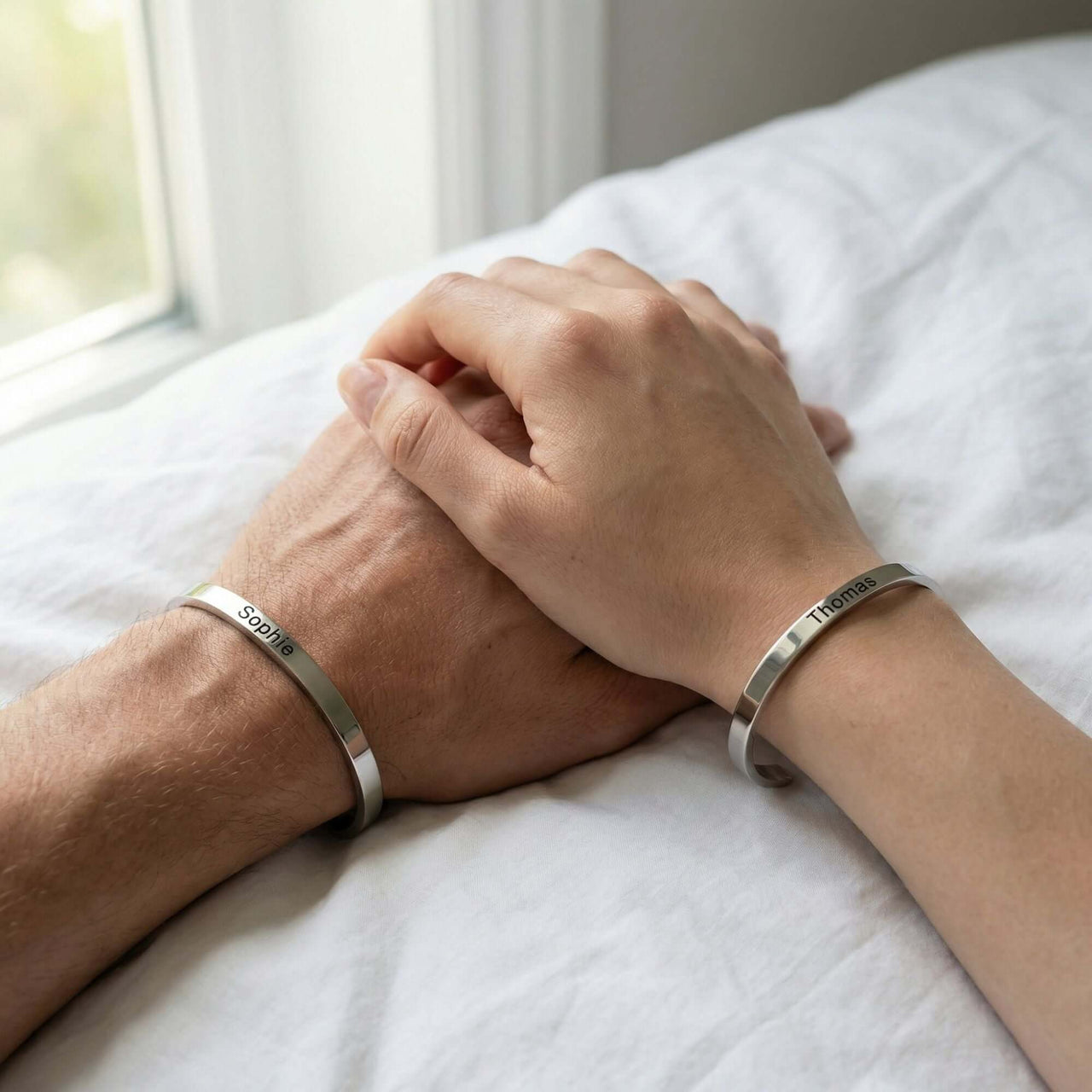 Matching Couple Bracelet by Brother & Sisters, featuring engraved names for couples, showcasing love and connection.