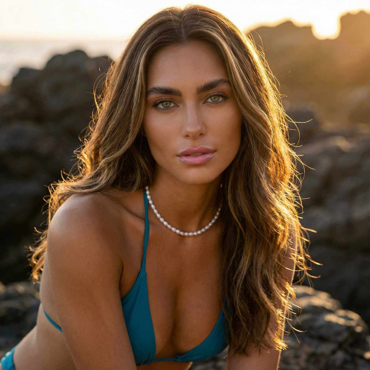 Bridal freshwater pearl choker styled with teal bikini at golden hour — beach wedding pearl necklace