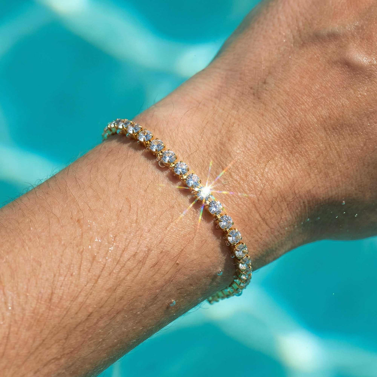 Tennis Bracelet by Brother & Sisters, sparkling zirconia design, perfect for beach and shower wear.