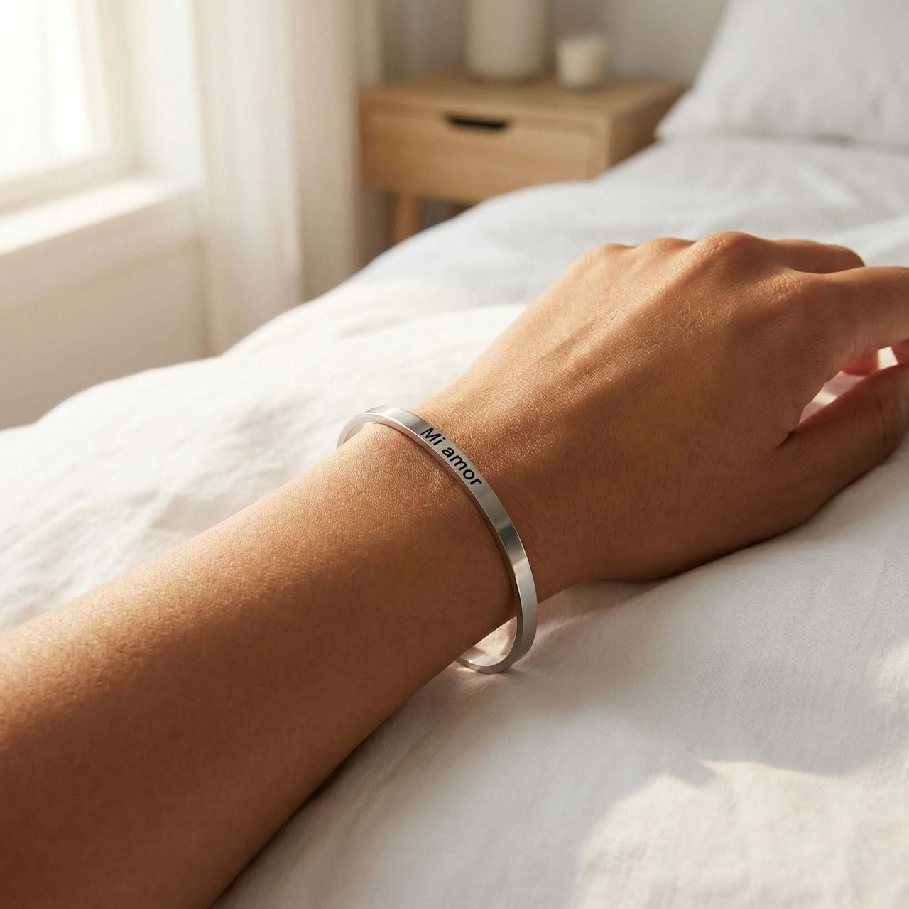 Matching Couple Bracelet by Brother & Sisters, minimalist open cuff with personalized engraving.