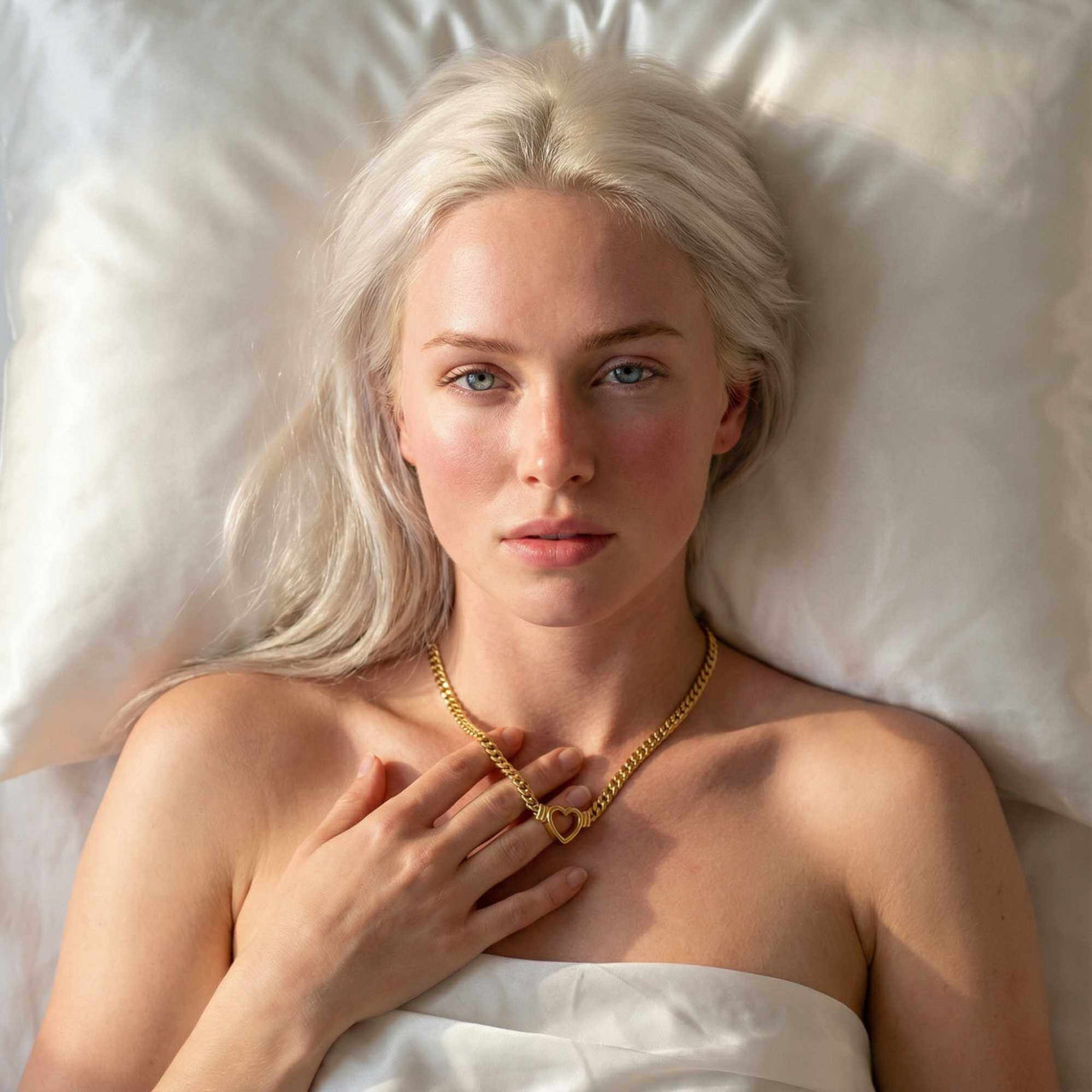 Vali Heart Choker Necklace by Brother & Sisters worn by a model on a bed, showcasing its chunky Cuban chain and open heart design.