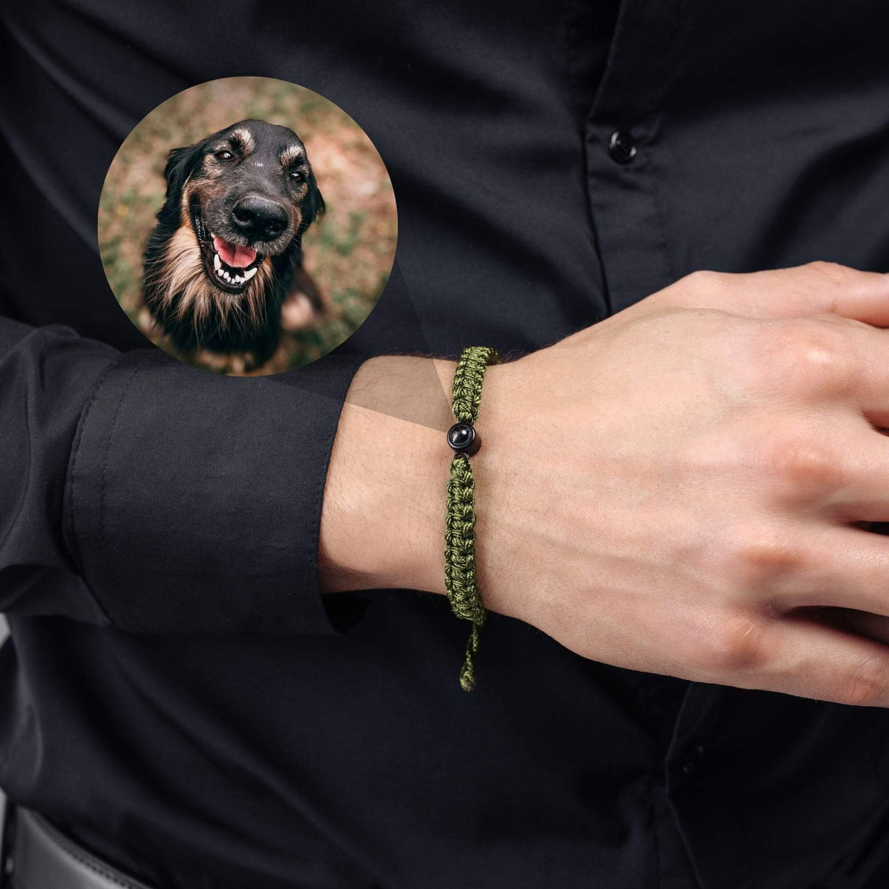 Man Olive Photo Bracelet worn on wrist, featuring personalized photo of a happy dog, by Brother & Sisters.