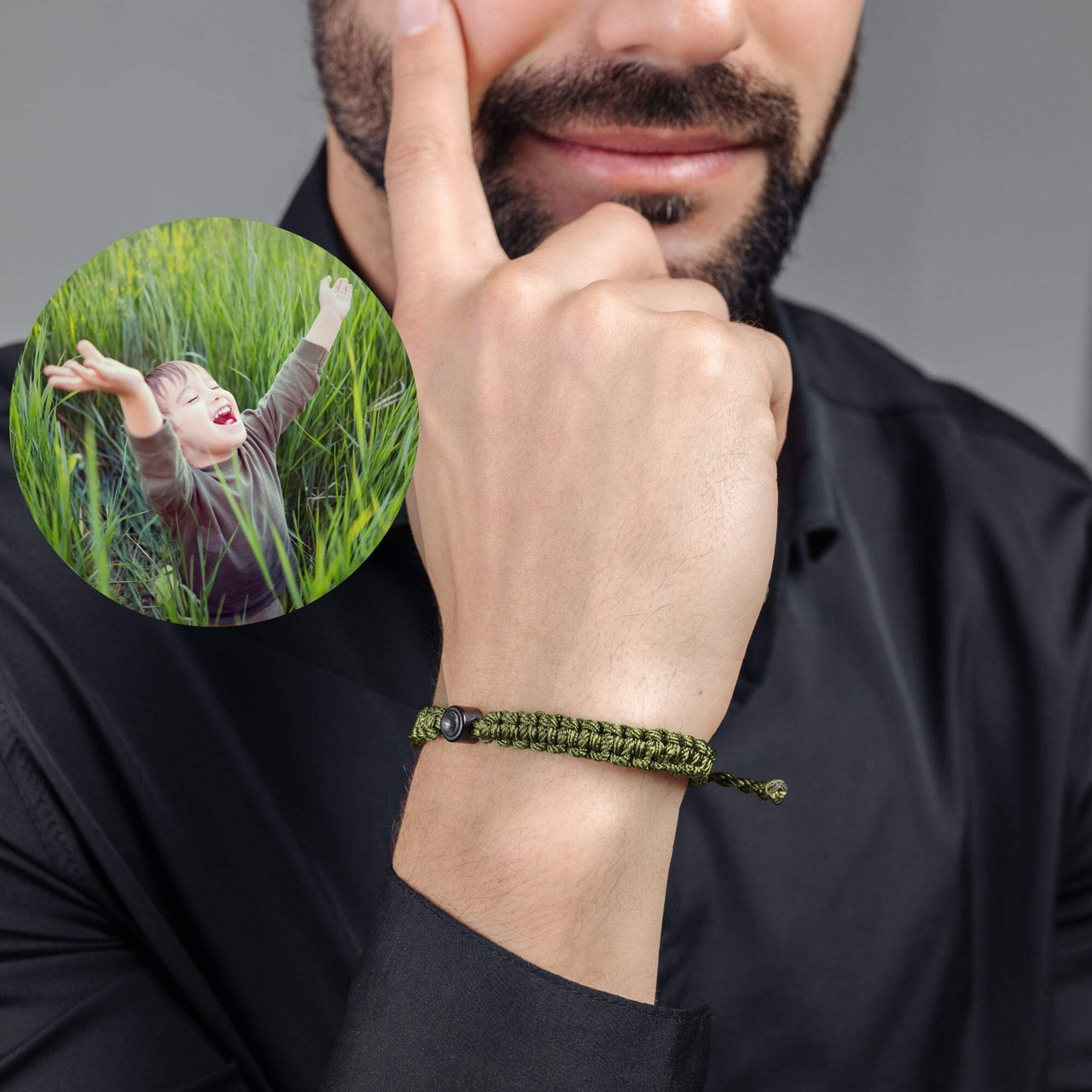 Man Olive Photo Bracelet worn by a man, featuring a personalized photo pendant by Brother & Sisters.