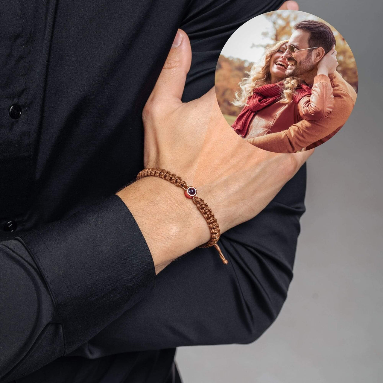 Man Brown Photo Bracelet featuring a personalized pendant with photo, stylish jewelry from Brother & Sisters.