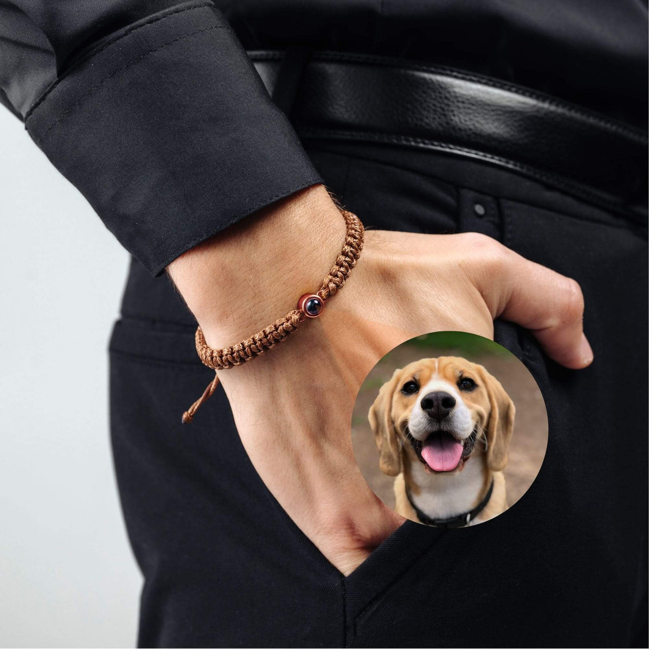 Man Brown Photo Bracelet featuring a photo of a happy Beagle dog, designed by Brother & Sisters.