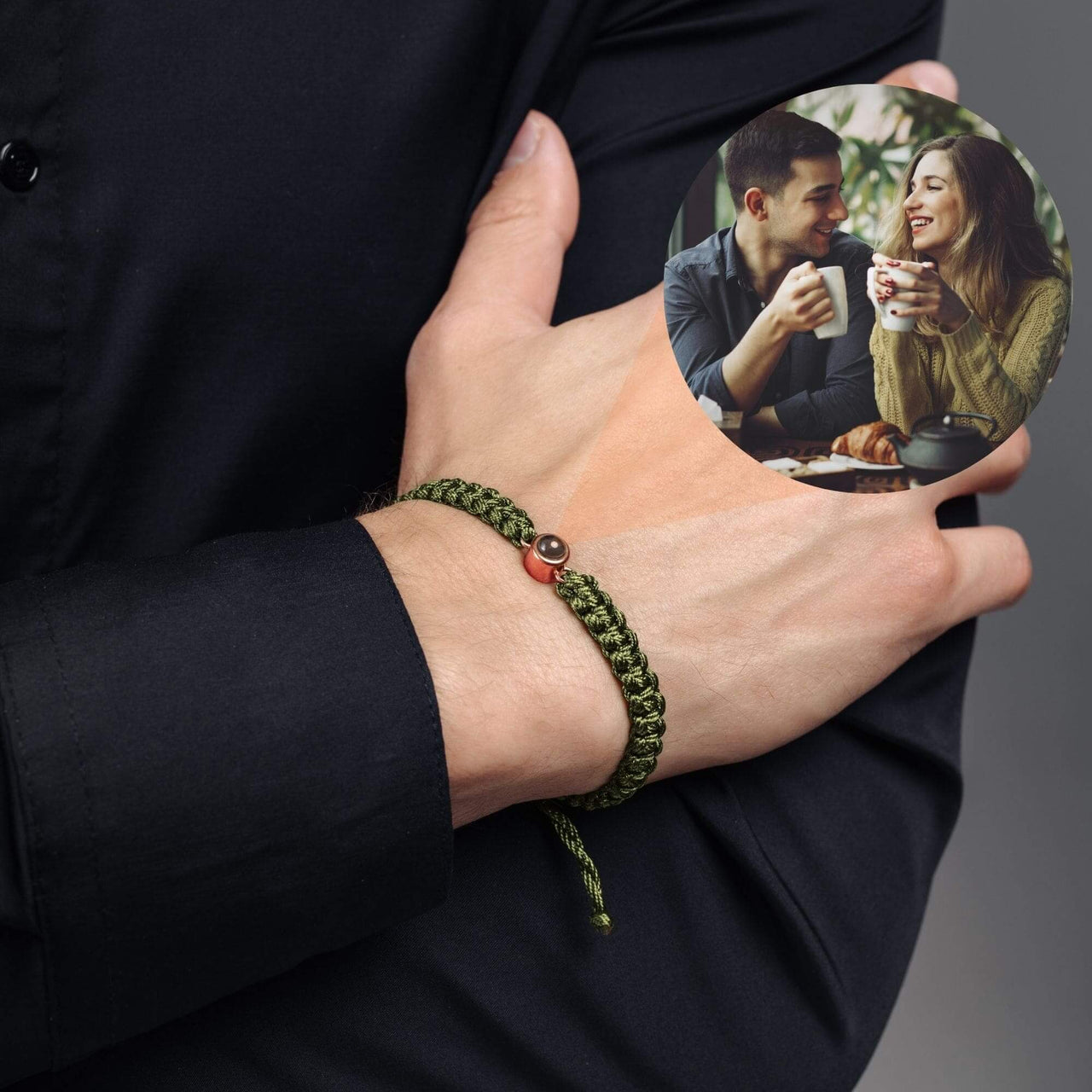 Man Olive Photo Bracelet worn on wrist, featuring a photo pendant, by Brother & Sisters.