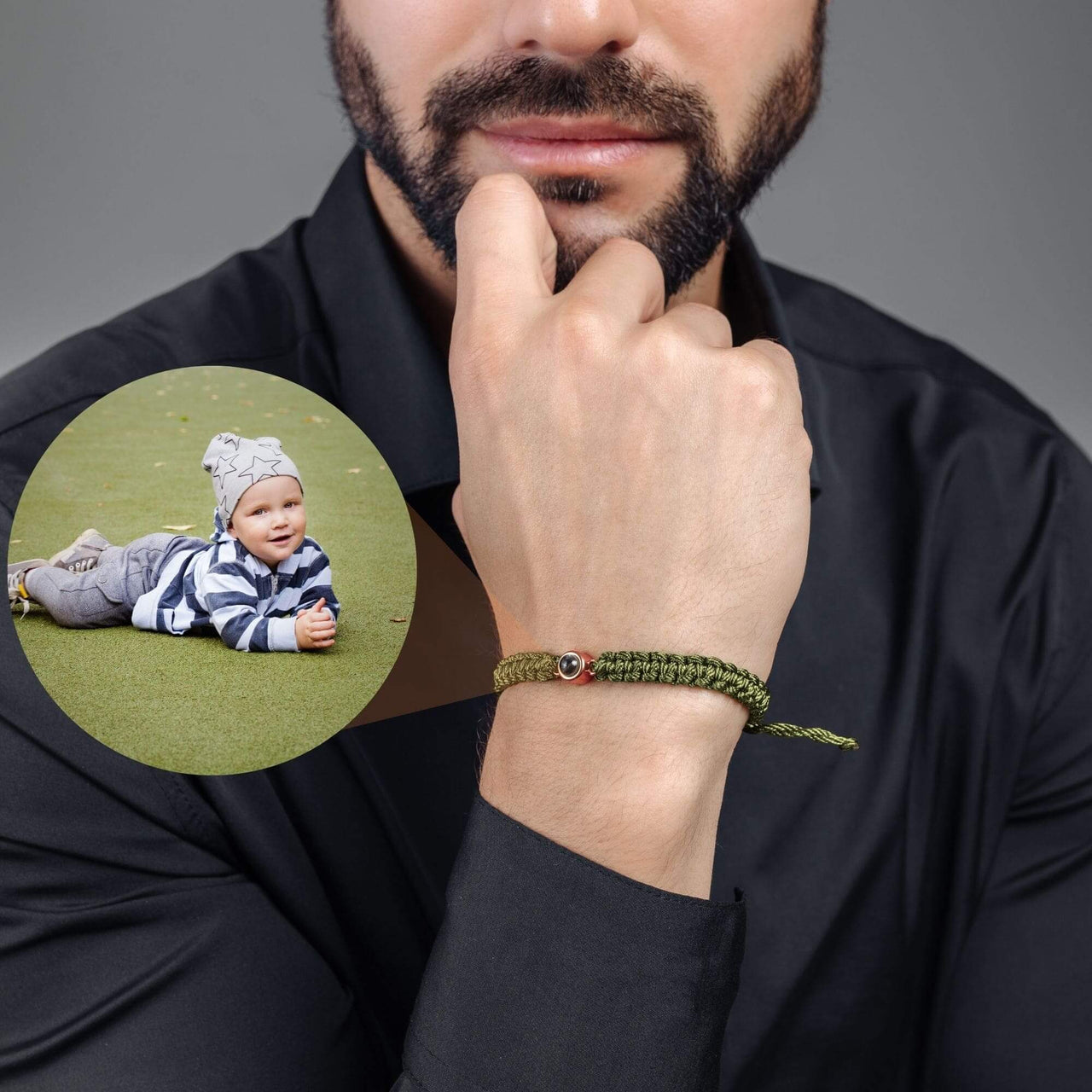 Man Olive Photo Bracelet worn by a man, featuring a circular photo pendant with a child's image, by Brother & Sisters.