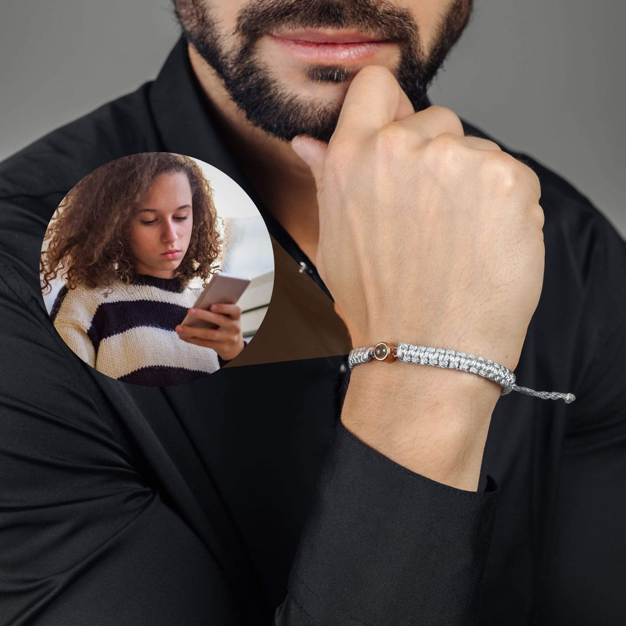 Man Grey Photo Bracelet worn by a man, showcasing the customizable circle pendant feature by Brother & Sisters.