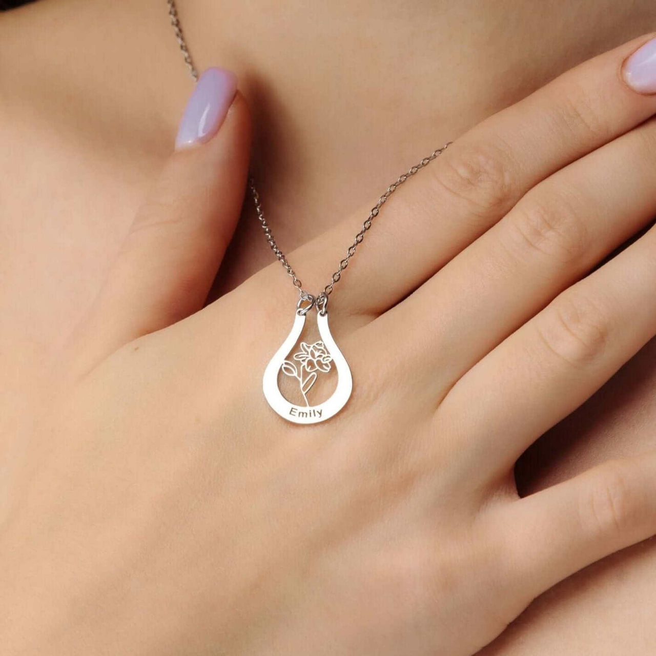 Birth Flower Name Necklace by Brother & Sisters showcasing 'Emily' with elegant flower design.