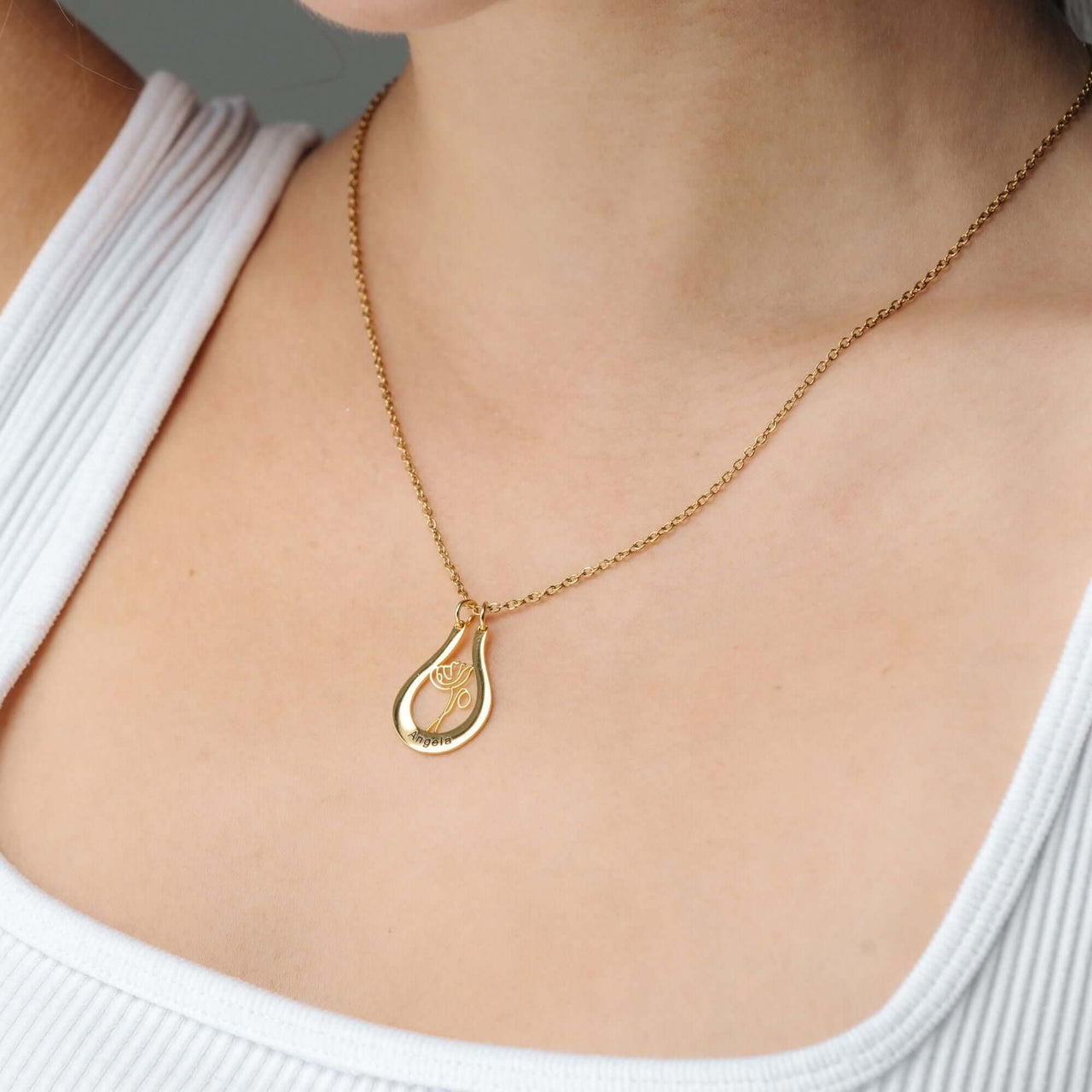 Birth Flower Name Necklace by Brother & Sisters, featuring a personalized birth flower pendant in elegant gold.