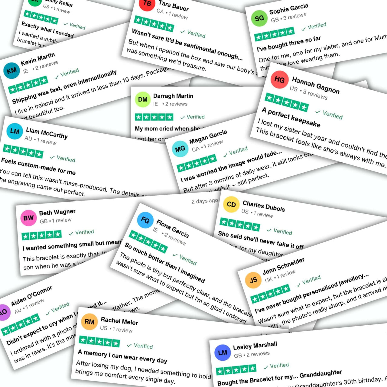 Customer reviews for the Minimalist Photo Bracelet by Brother & Sisters showcasing heartfelt stories and experiences.
