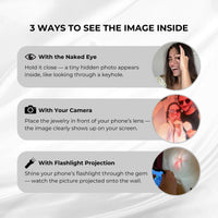 Thumbnail for Sunflower Photo Necklace features three ways to view the hidden image: naked eye, camera, and flashlight projection.