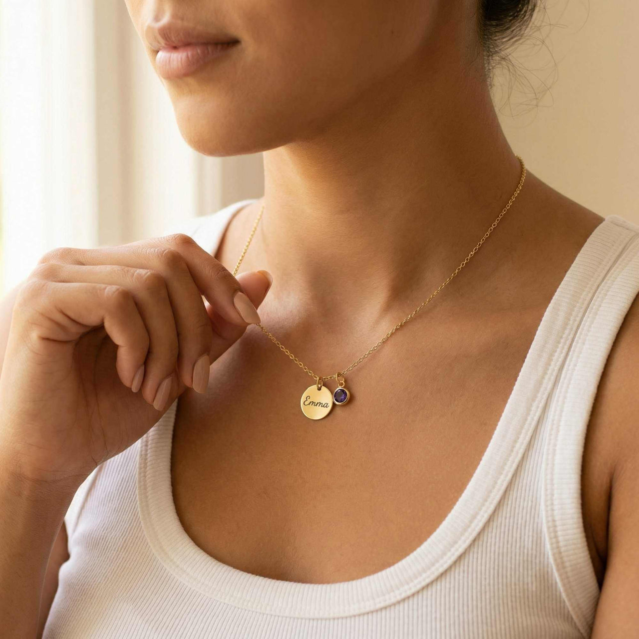 Precious Name Necklace featuring a personalized engraved pendant and birthstone crystal from Brother & Sisters.