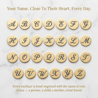 Thumbnail for Alphabet letters on gold discs for Precious Name Necklace by Brother & Sisters, personalized jewelry for loved ones.
