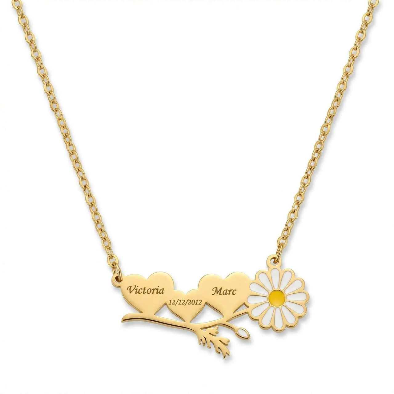 Daisy Name Necklace by Brother & Sisters featuring engraved hearts and enamel daisy for personal touch.