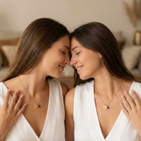 Thumbnail for Precious Name Necklace worn by two women, showcasing personalized engravings and matching birthstone crystals by Brother & Sisters.