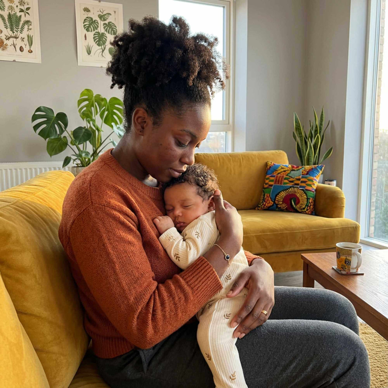 Woman holding her sleeping baby on a couch, showcasing warmth and love in a cozy home setting.