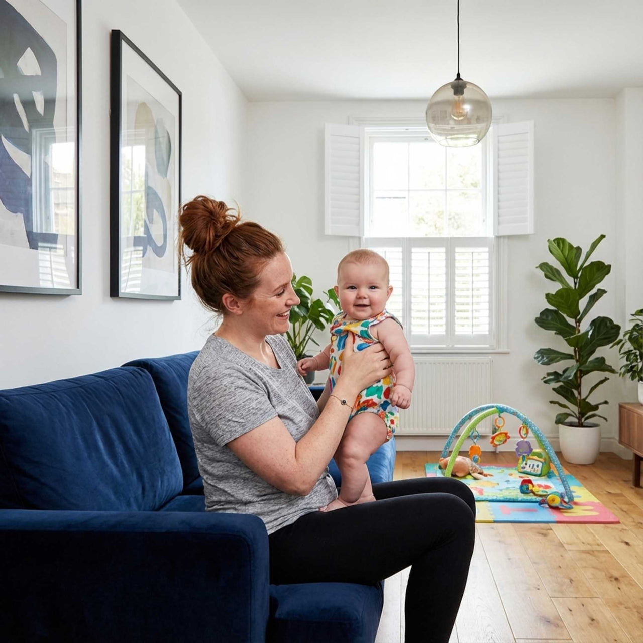 Mother happily holding her baby in a cozy living room with play mat, showcasing bonding moments.