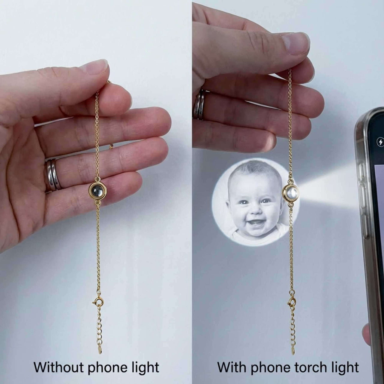 Photo Projection Bracelet showing image projection with and without phone light by Brother & Sisters.