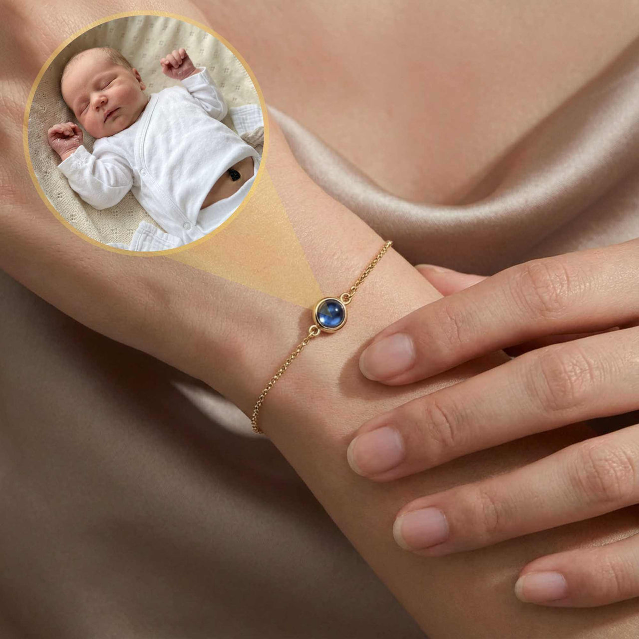 Photo Projection Bracelet featuring a baby's ultrasound image, designed by Brother & Sisters for sentimental mothers.
