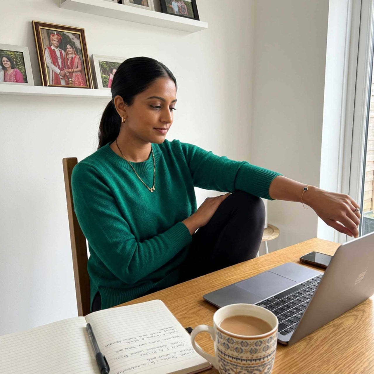 Woman wearing a Photo Projection Bracelet, seated at a desk with a laptop and coffee, showcasing comfort and style from Brother & Sisters.