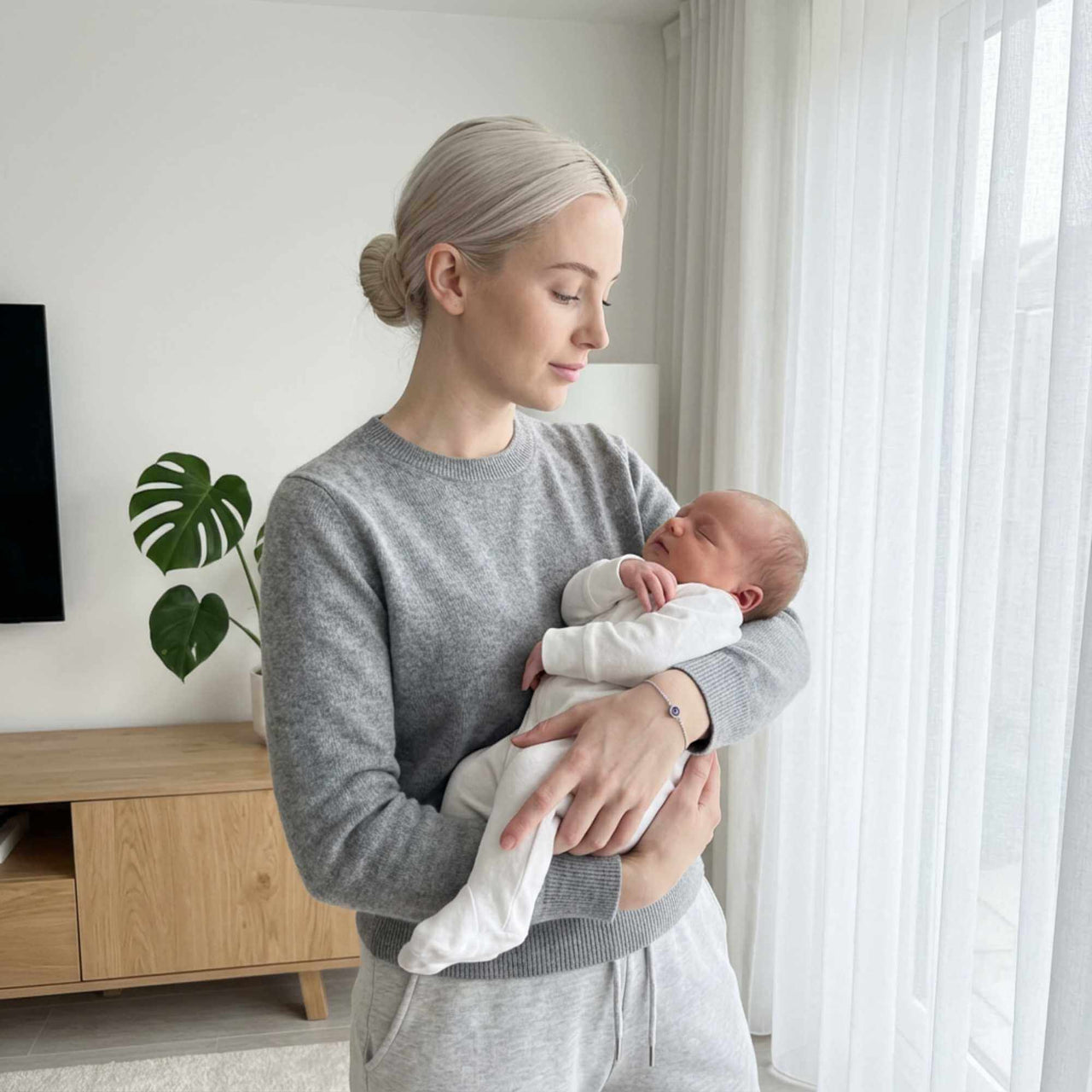 A woman holding a baby, showcasing the Photo Projection Bracelet by Brother & Sisters.