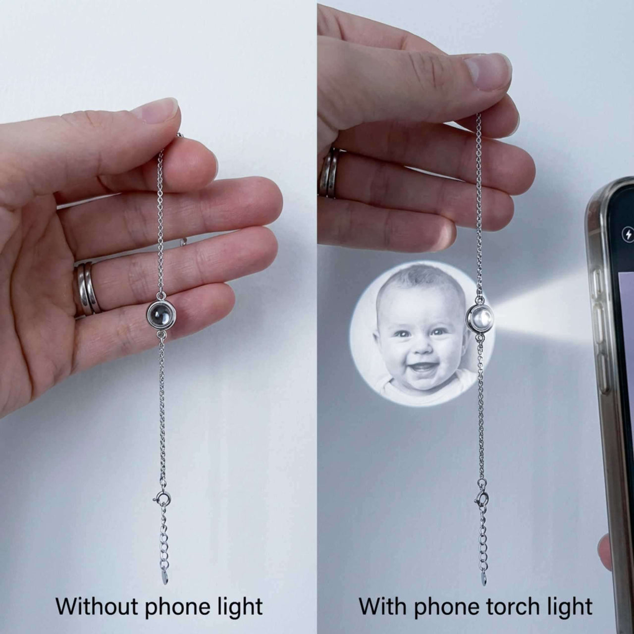 Photo Projection Bracelet showing photo projection effects with and without phone light by Brother & Sisters.