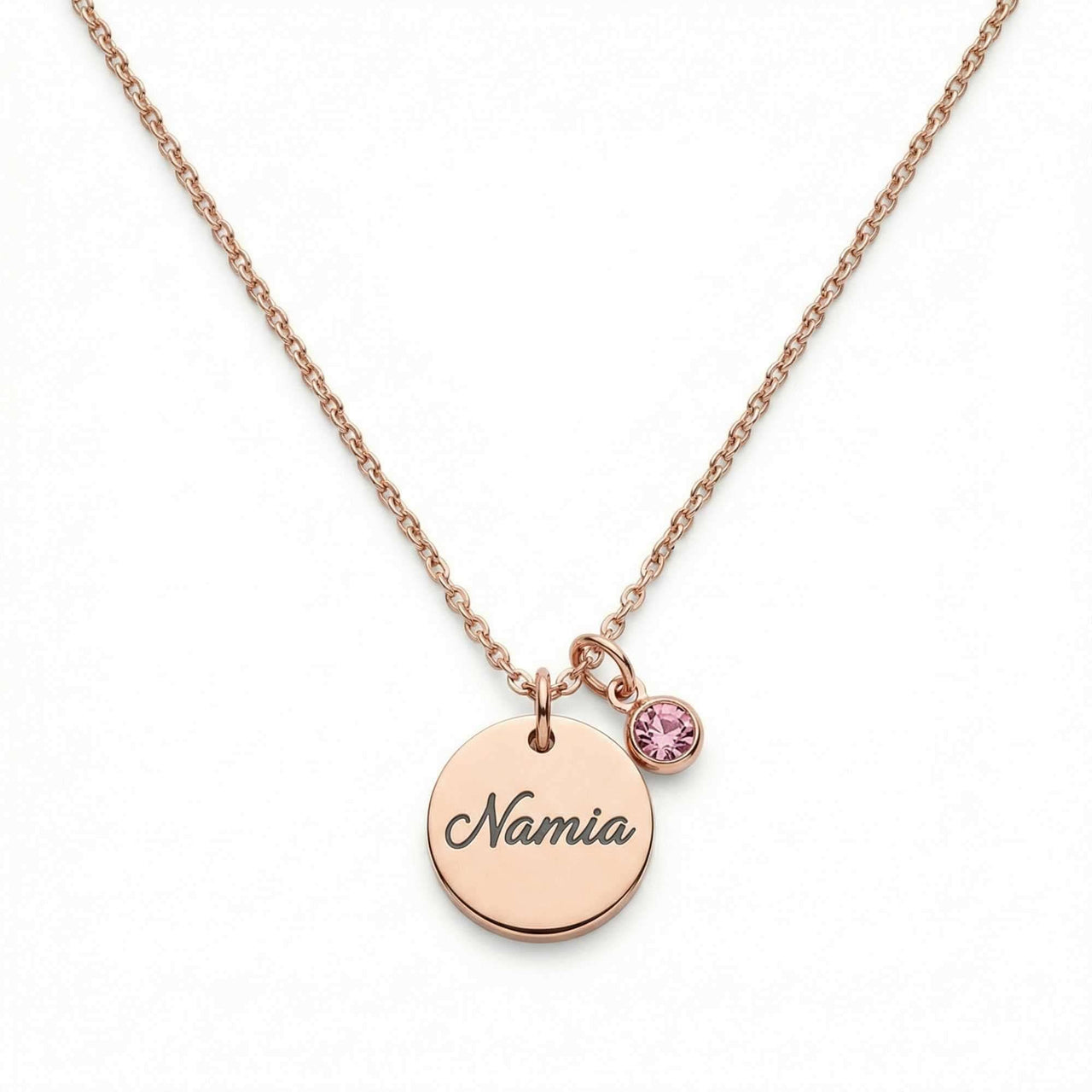Precious Name Necklace by Brother & Sisters featuring engraved name 'Namia' and matching birthstone crystal.