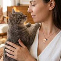 Thumbnail for Precious Name Necklace worn by a woman with a cat, featuring an engraved name and birthstone crystal by Brother & Sisters.