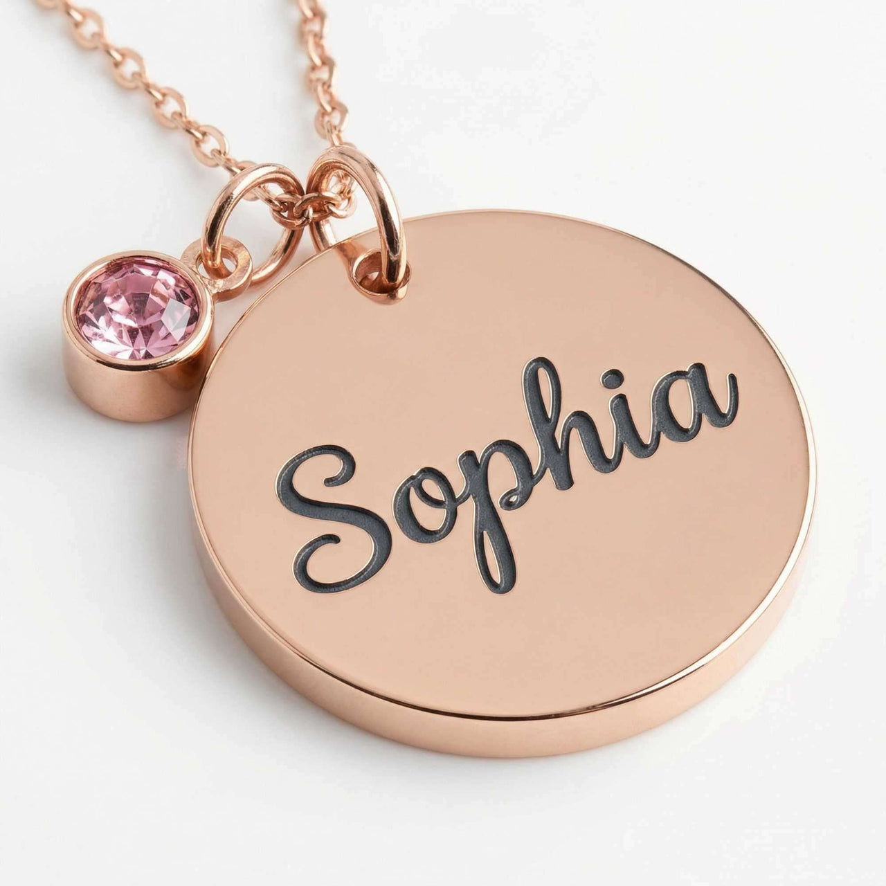 Precious Name Necklace with engraved name Sophia and pink birthstone by Brother & Sisters.