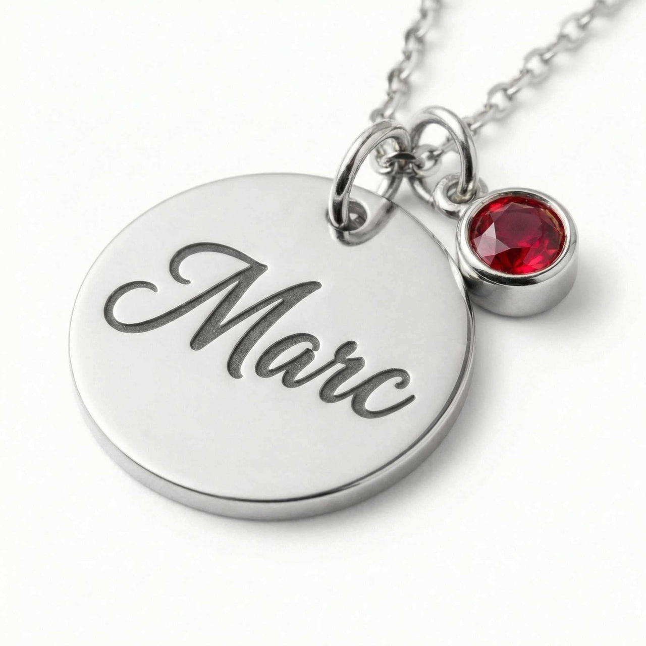 Precious Name Necklace with engraved name 'Marc' and red birthstone crystal by Brother & Sisters.