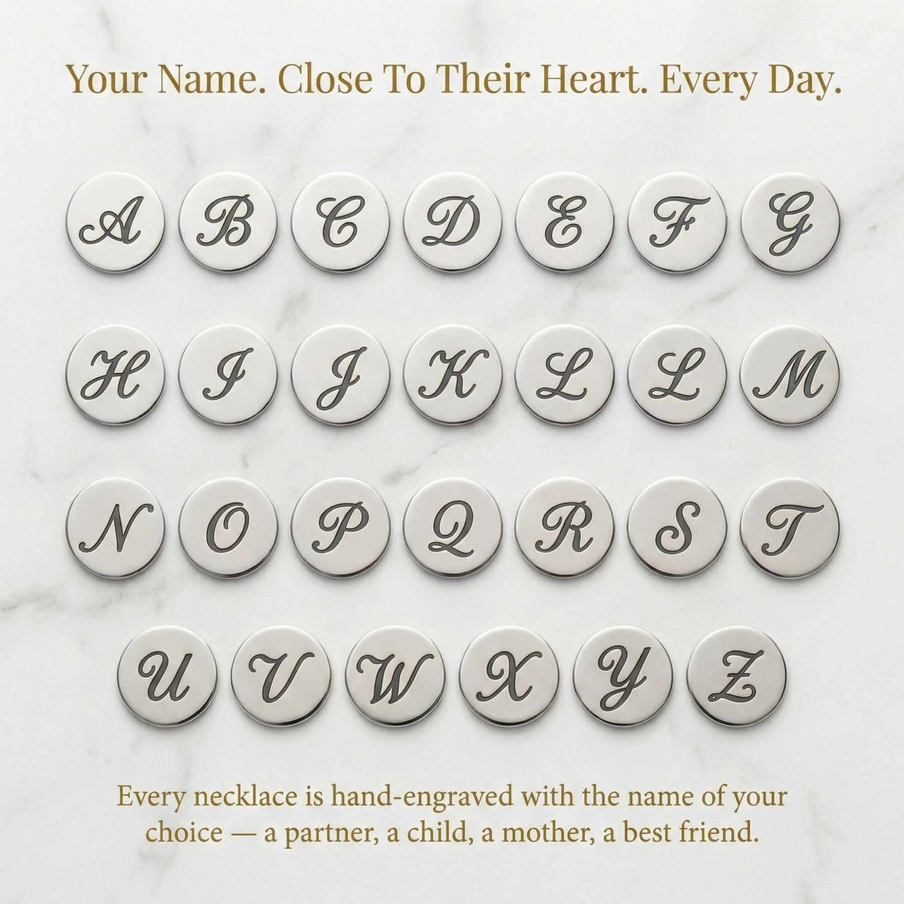 Letters A to Z displayed for Precious Name Necklace customization by Brother & Sisters.