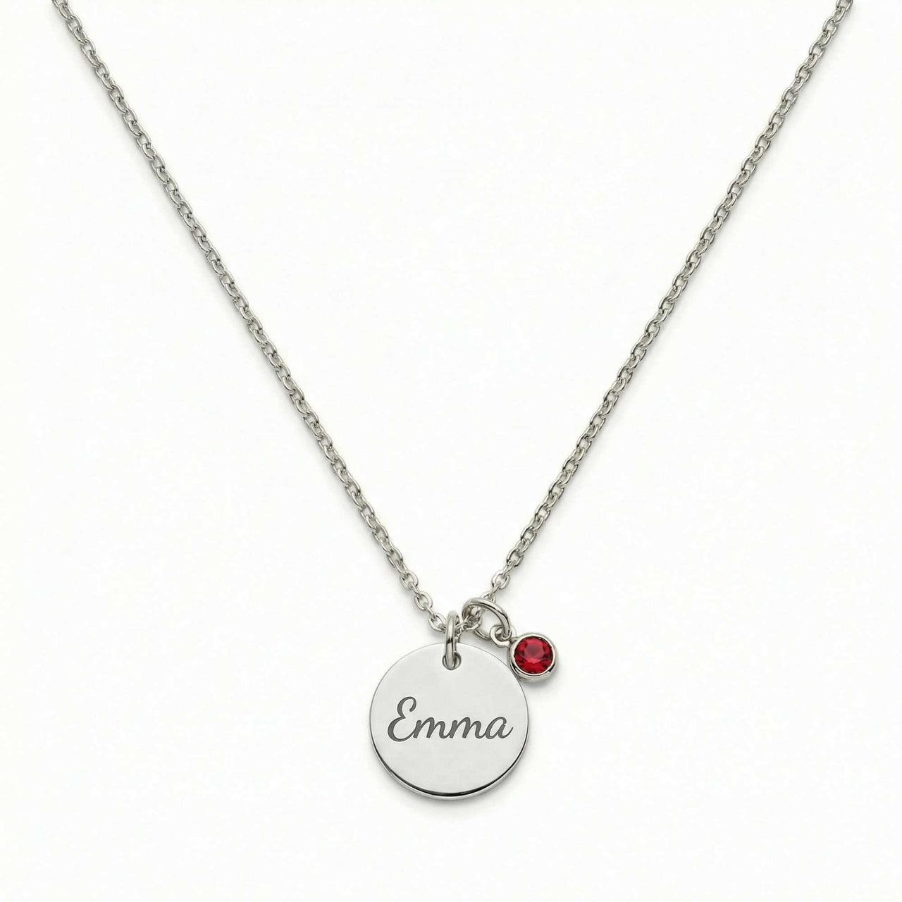 Precious Name Necklace by Brother & Sisters featuring an engraved name tag and matching birthstone crystal.