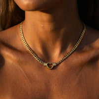 Thumbnail for Vali Heart Choker Necklace featured on a model, showcasing a chunky Cuban chain and delicate open heart design.