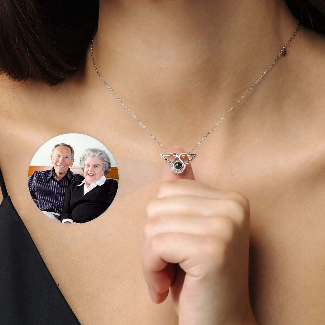 Angel Photo Necklace featuring angel wings design, perfect for preserving cherished memories, from Brother & Sisters.