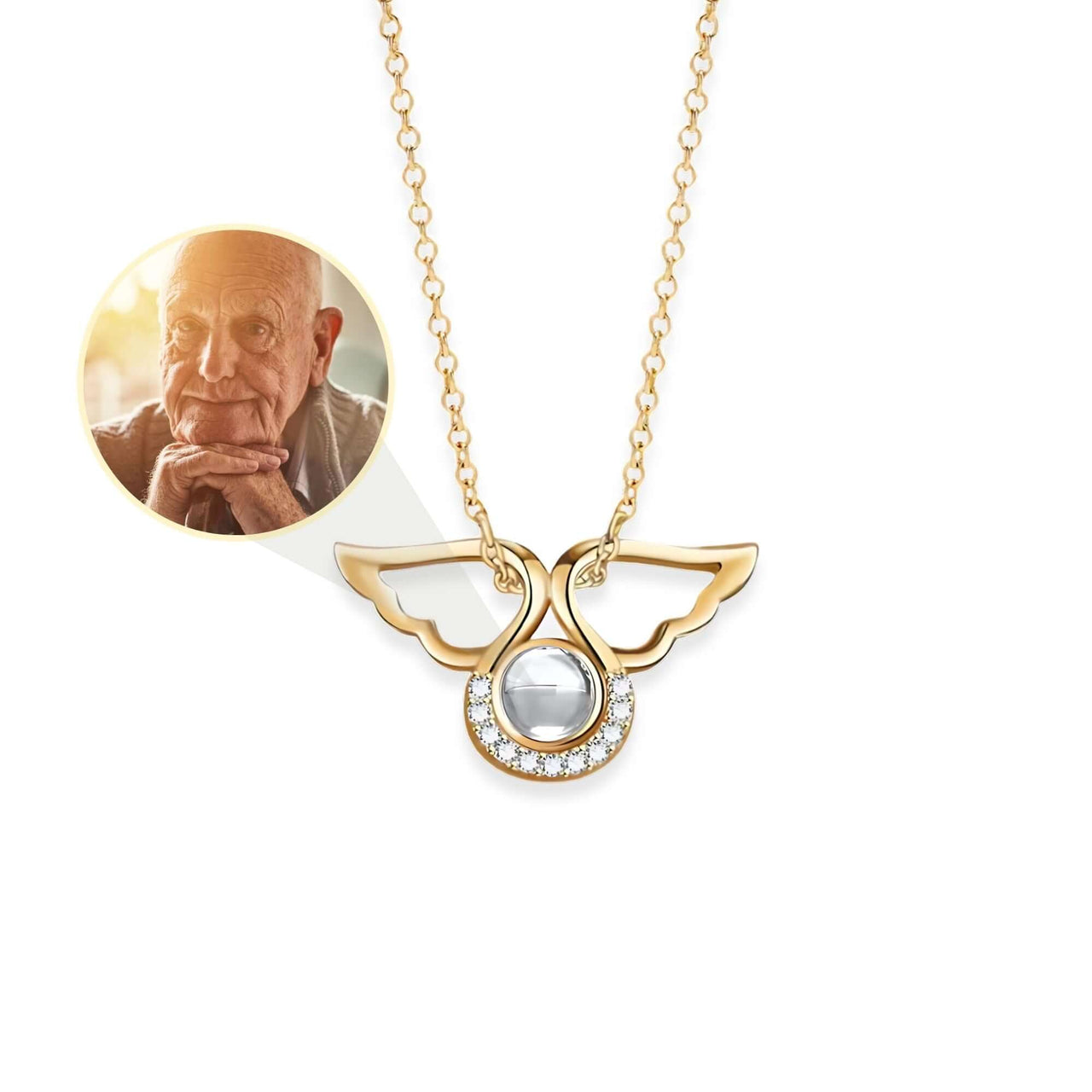 Angel Photo Necklace by Brother & Sisters featuring angel wings design and a photo locket for cherished memories.