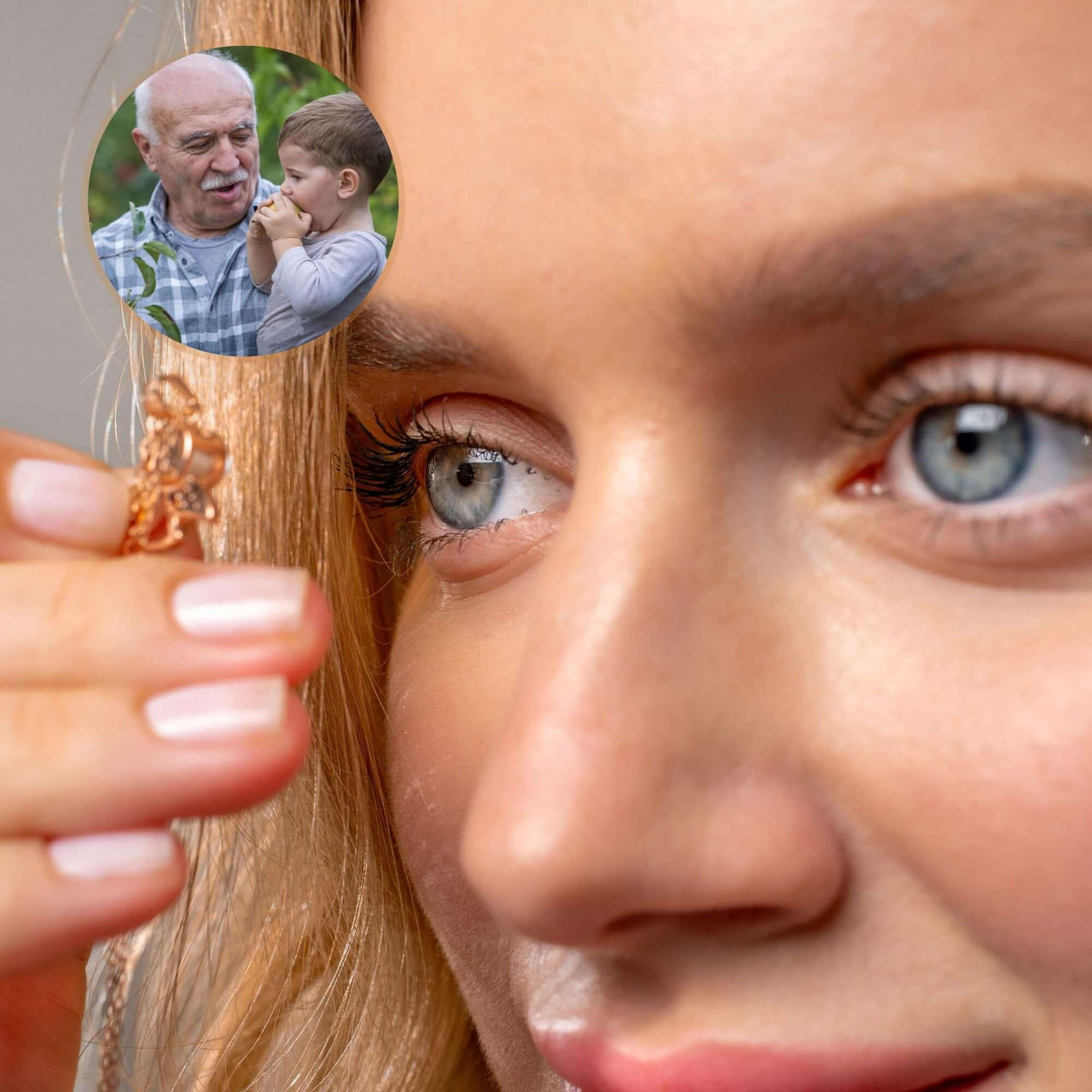 Angel Photo Necklace by Brother & Sisters, featuring a woman holding a customizable photo projection.