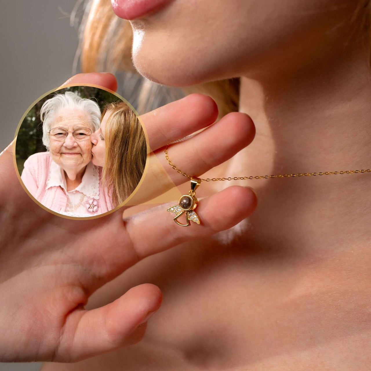 Angel Photo Necklace featuring a sentimental projection photo and elegant angel wing design by Brother & Sisters.