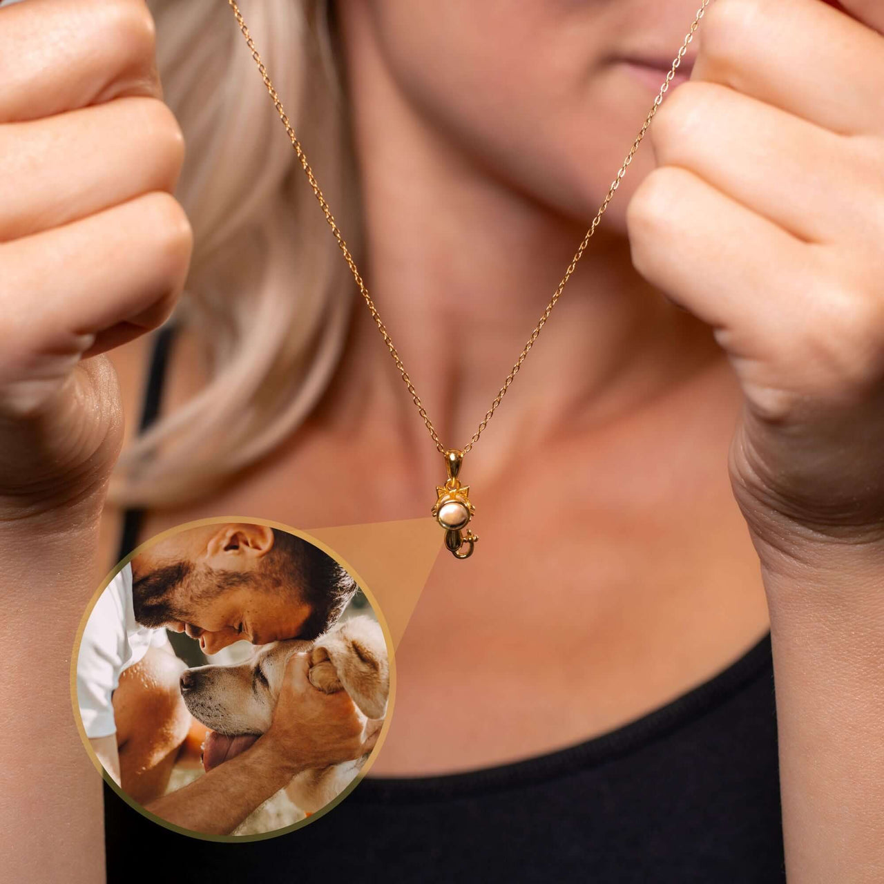 Close-up of a woman wearing an Animal Photo Necklace showcasing a cherished pet photo, by Brother & Sisters.